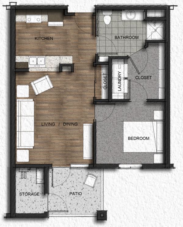 Floor plan for 1 bed, 1 bath, 600 sqft